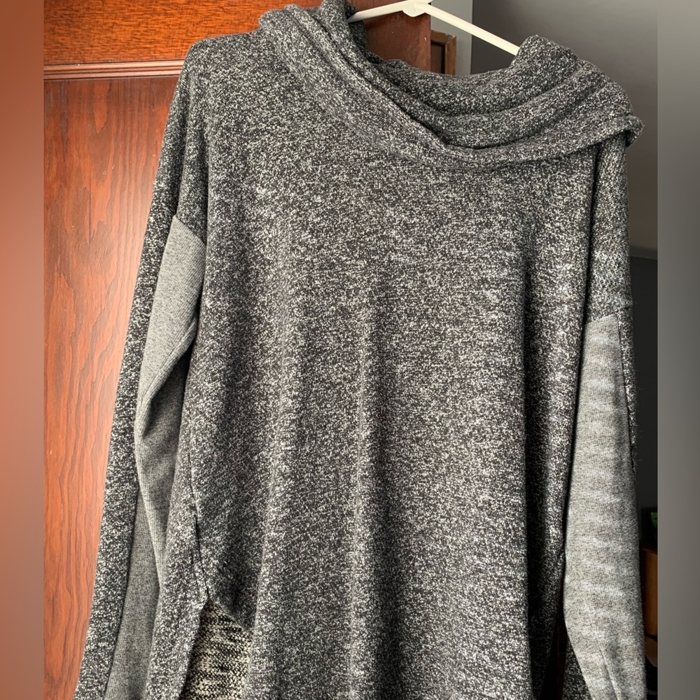 Gray cowl neck sweater.